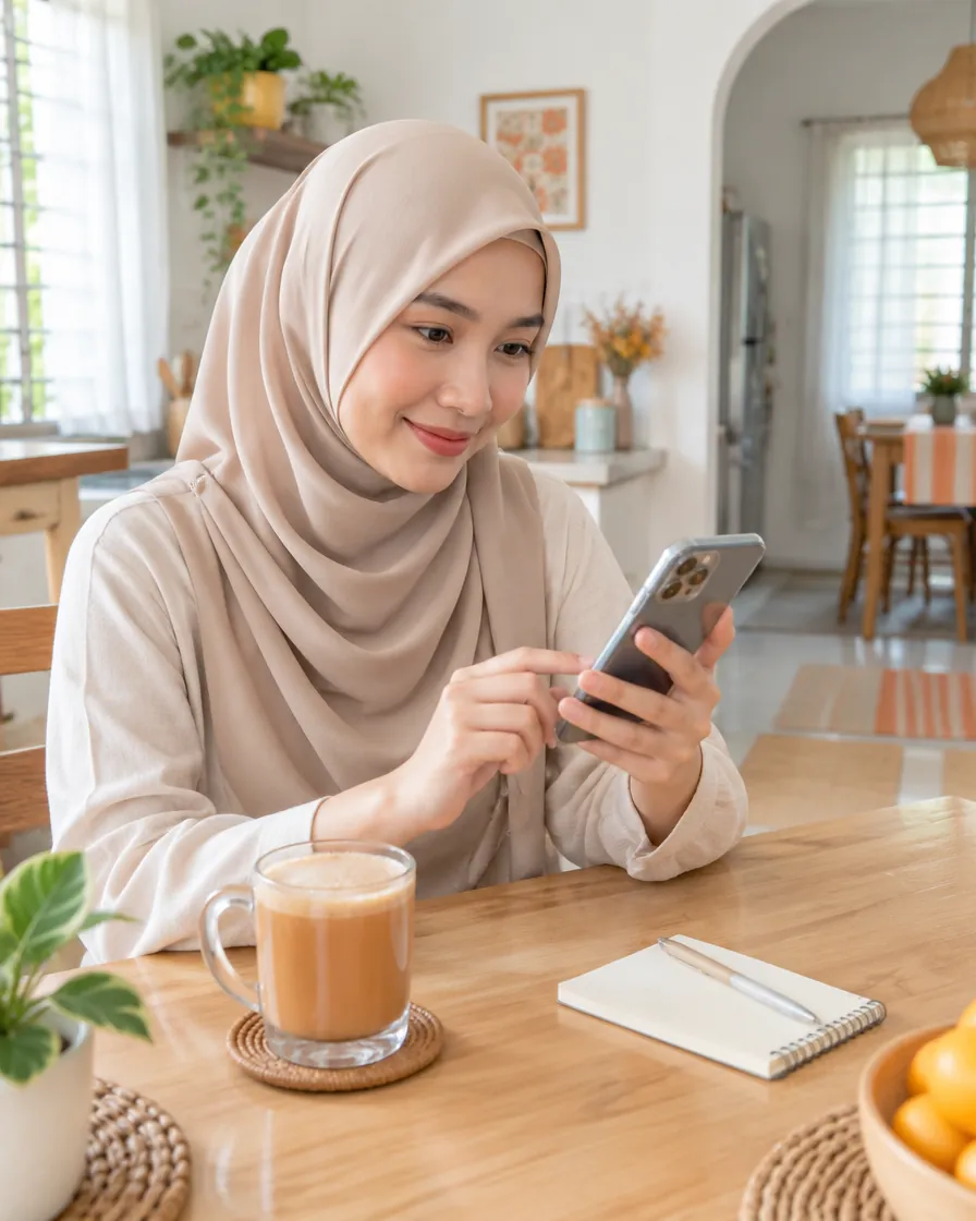 Wanita berhijab menyemak telefon di meja makan rumah